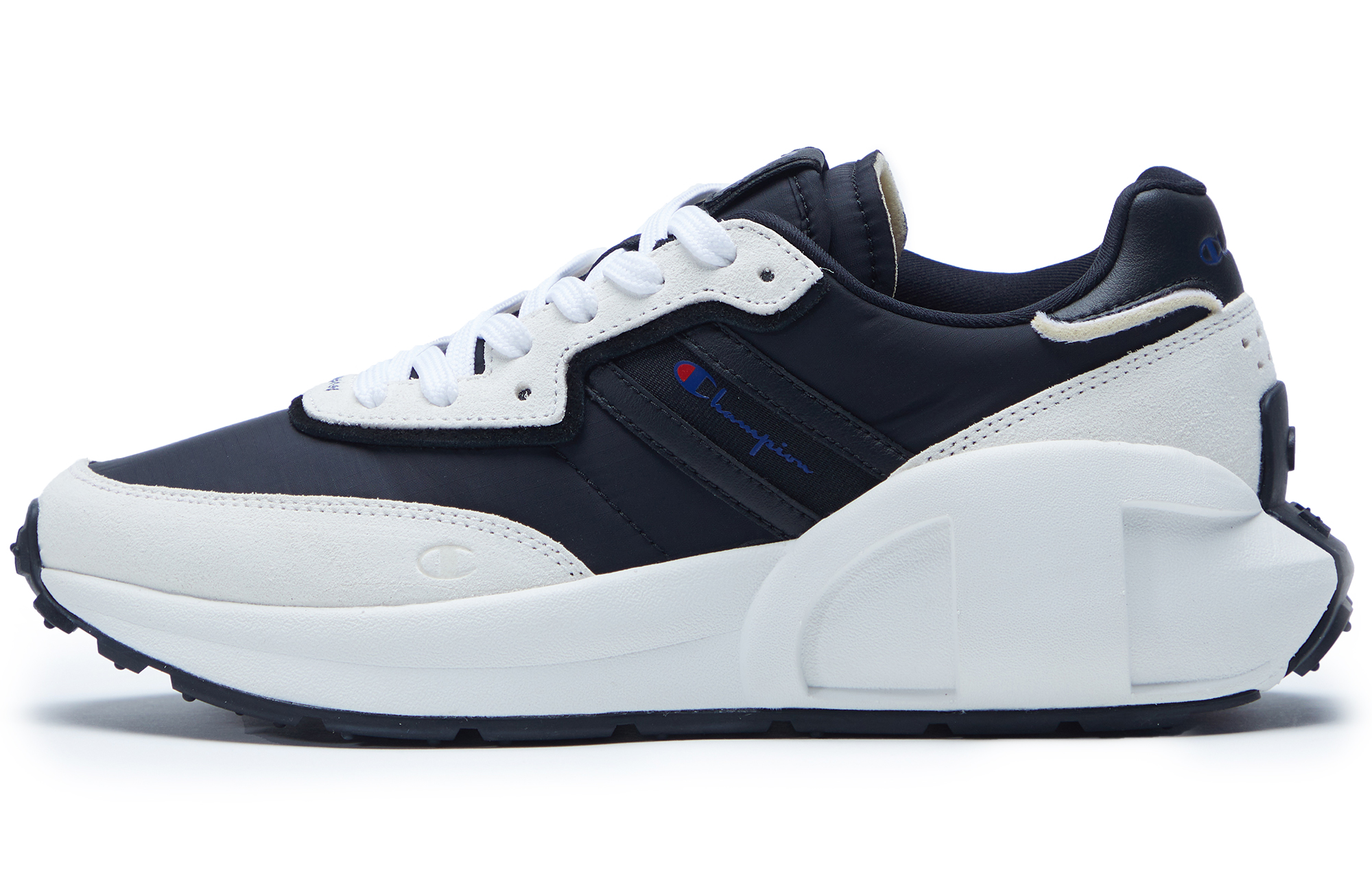 (Women) Champion Retro Sports Champ OG 'Classic Logo Patchwork Dad Shoe Black and White' U1DFCCW01U2