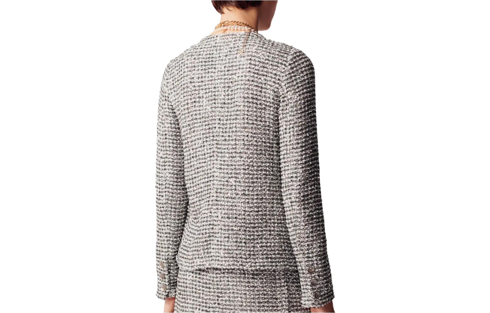 Lookbook (W) CHANEL 2023春夏銀色粗花呢釦式女款開襟外套。 P74404-V46710-MG230