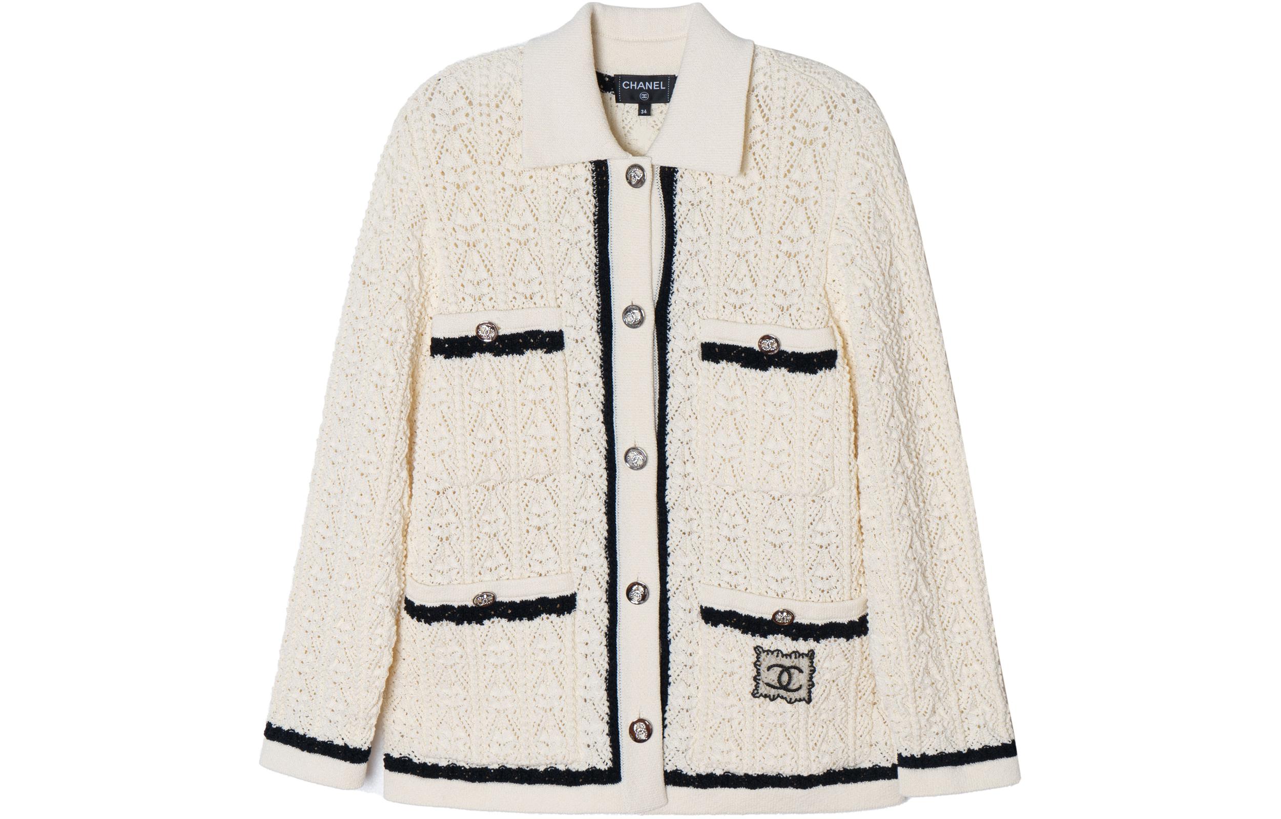 (Women) CHANEL 2024 Spring Summer Beige Knit Long Sleeve Buttoned Jacket for Women. P76869-K11069-NV821