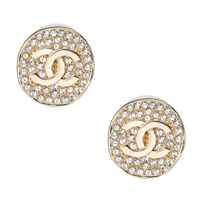 (Women) CHANEL 21K Gold Crystal Double C Logo Round Earrings - Gold AB7415-B06991-NF894