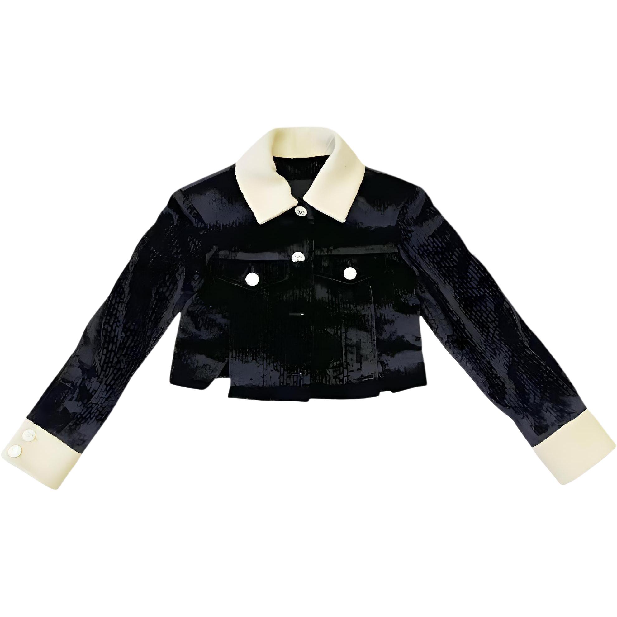(Women) CHANEL 22AW 23C  Colorblock Velvet Cropped Jacket - Black P73311-V64833-94305