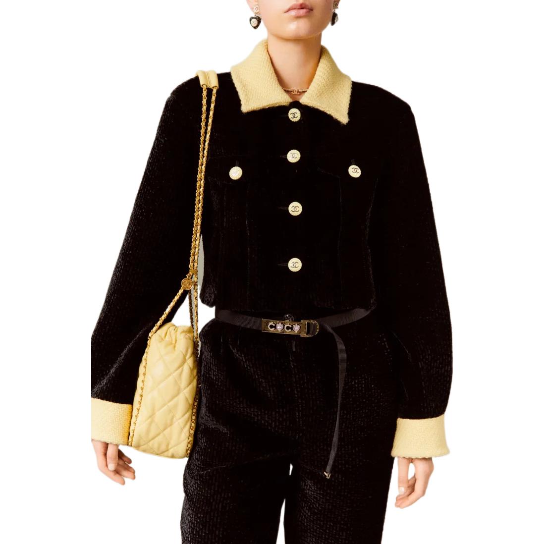 (Women) CHANEL 22AW 23C  Colorblock Velvet Cropped Jacket - Black P73311-V64833-94305 圖 4