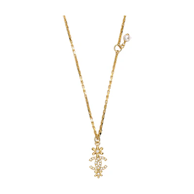 (Women) CHANEL 23A Double C Logo Pendant Necklace Gold with Rhinestones for Women ABB330-B13556-NQ114