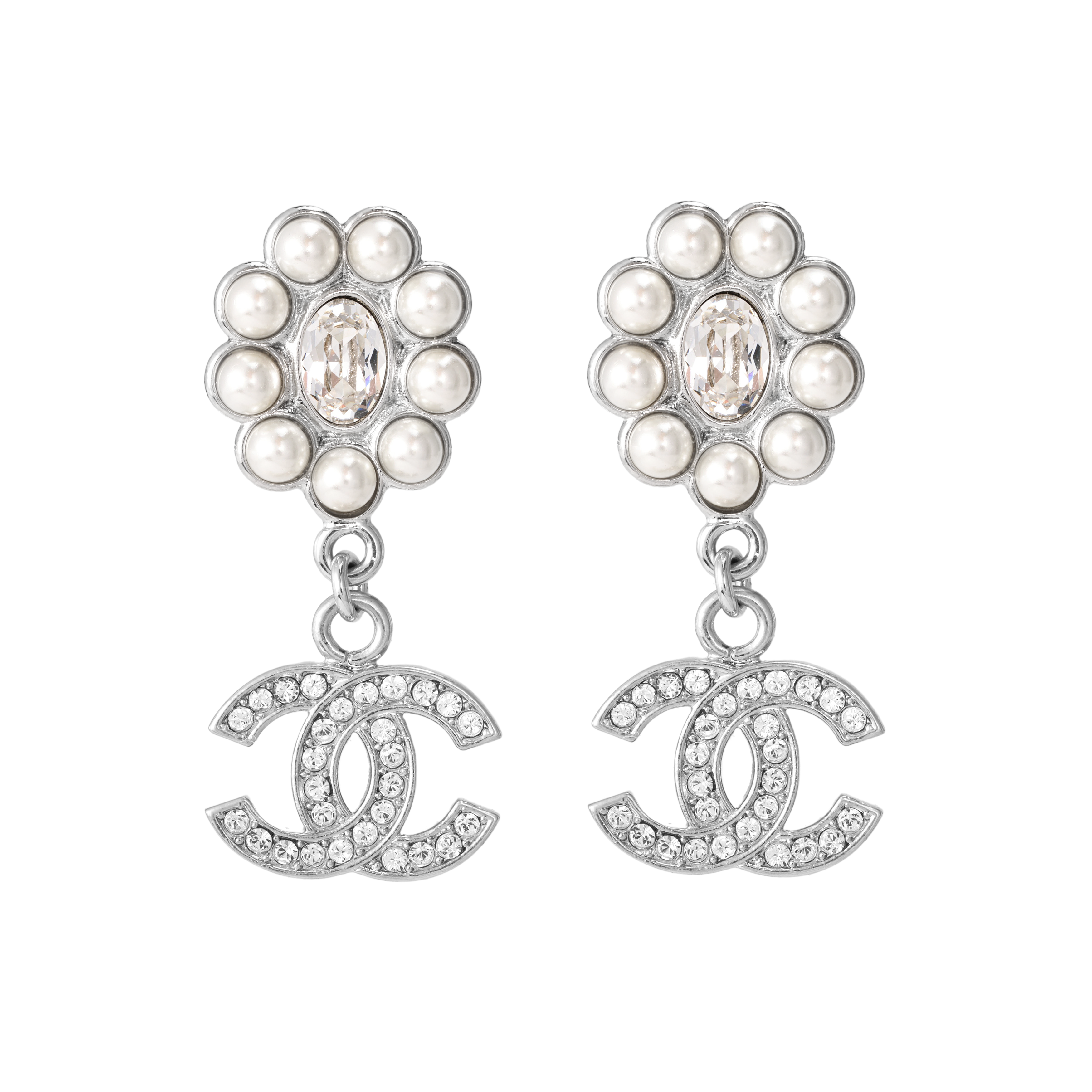 (Women) CHANEL 23A Flower Double C Logo Metal Earrings Silver -  New Arrival ABB141-B13050-NO877