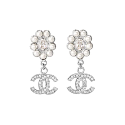 (Women) CHANEL 23A Flower Double C Logo Metal Earrings Silver - New Arrival ABB141-B13050-NO877