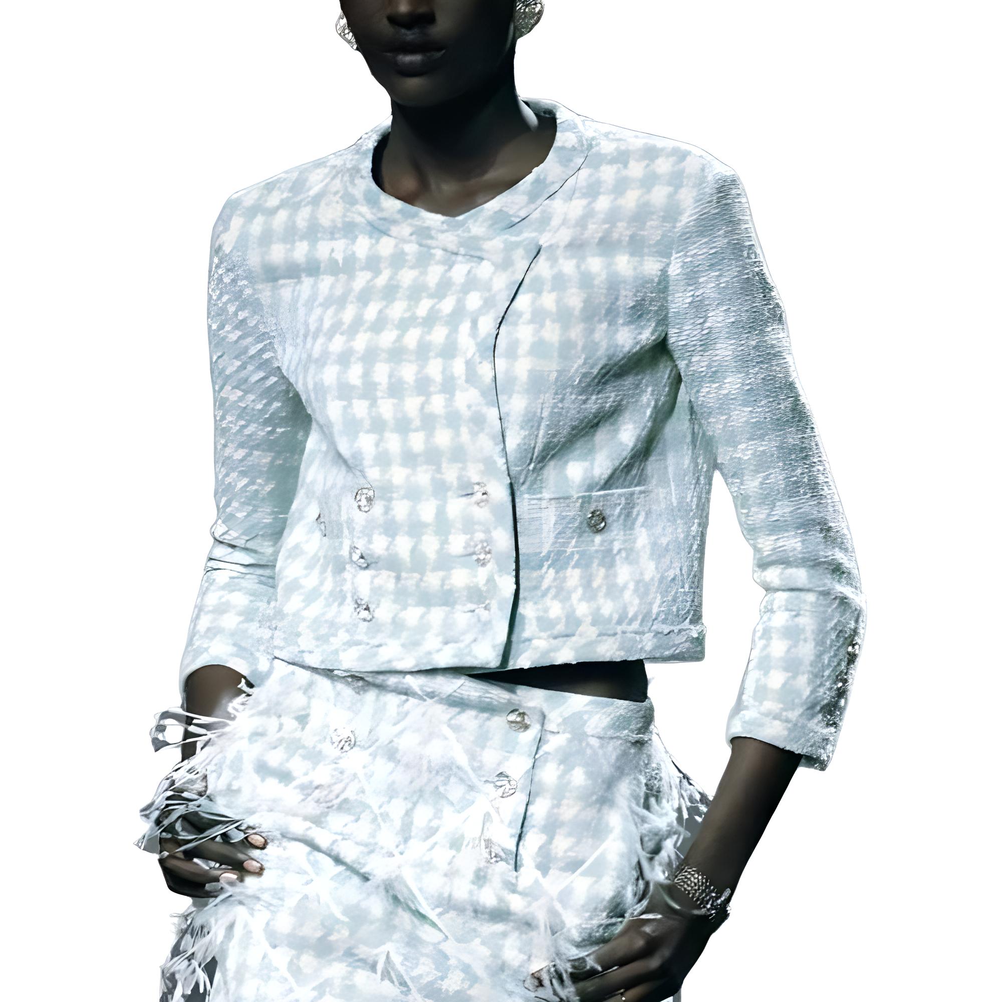 (Women) Chanel 23C Spring Summer  Plaid Button Long-Sleeve Jacket Light Blue P74811-V66438-NN369