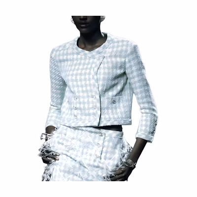 (Women) Chanel 23C Spring Summer Plaid Button Long-Sleeve Jacket Light Blue P74811-V66438-NN369