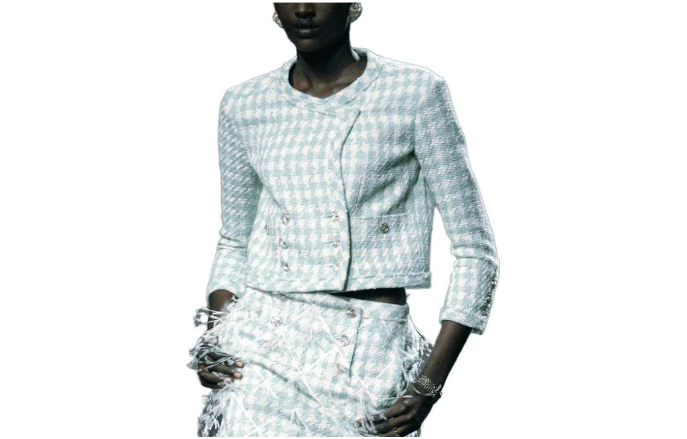 Order (W) Chanel 23C Musim Semi/Panas Jaket Lengan Panjang Kancing Kotak-Kotak Biru Muda P74811-V66438-NN369