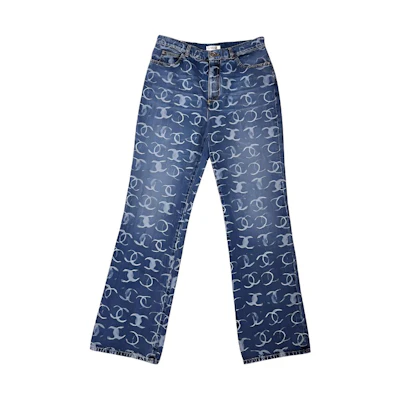 (Women) CHANEL 23FW 23B Logo Printed Flared Denim Jeans Women Deep Blue. P74545-V67154-NQ357