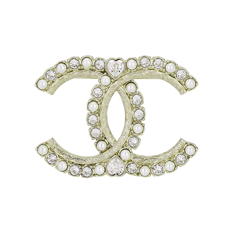 (Women) CHANEL 23K Gold Double C Pearl Diamond Embossed Brooch for Women. ABC067-B14653-NS564