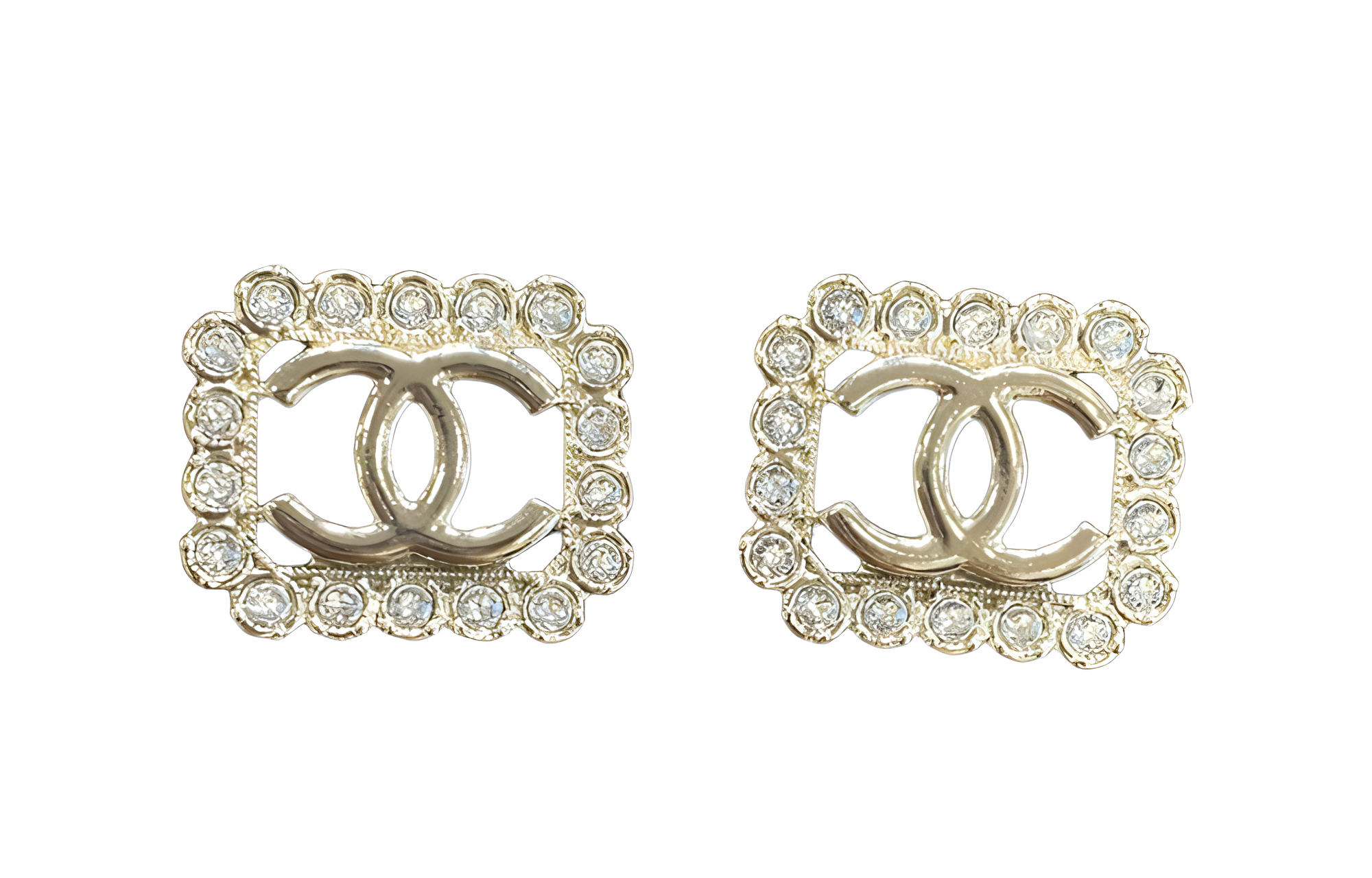 (Women) CHANEL 23K Gold Square Hollow Rhinestone CC Stud Earrings for Women. ABB852-B14482-NS279
