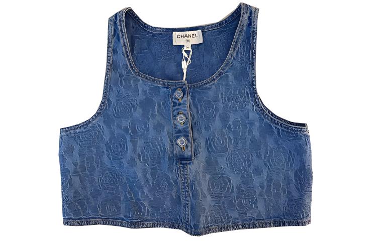 (Women) CHANEL 23P Spring Summer  Blue Jacquard Rose Floral Crop Vest. P74483-V66068-NM715
