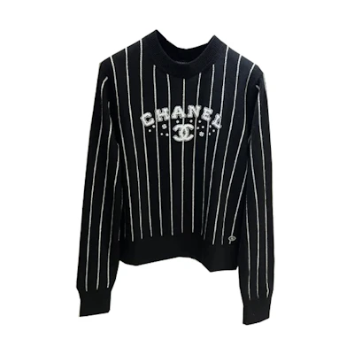 (Women) CHANEL 23P Striped Logo Jacquard Knit Sweater Women’s Black P74734-K10713-NM966