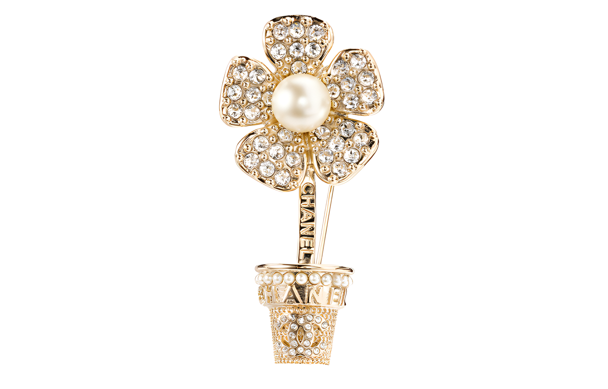 (Women) CHANEL 23S Gold Camellia Pearl Rhinestone Brooch  Accessory. ABA573-B10750-NN572