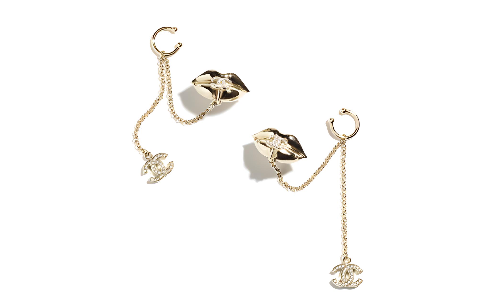 (Women) CHANEL 23S Gold Double C Rhinestone Lip Long Chain Earrings  Spring/Summer. ABA690-B10753-NN573