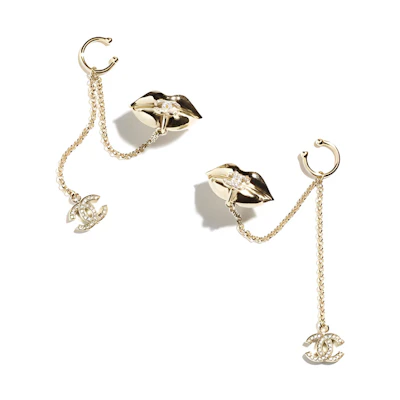 (Women) CHANEL 23S Gold Double C Rhinestone Lip Long Chain Earrings Spring/Summer. ABA690-B10753-NN573