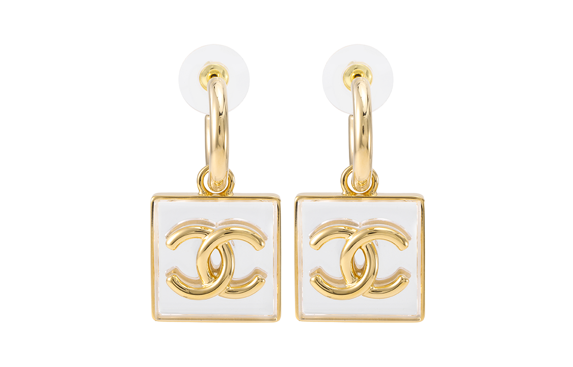 (Women) CHANEL 23S Gold Trim Double C Logo Square Pendant Earrings - Gold/White ABA586-B10754-NN586