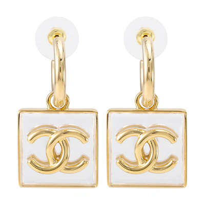 (Women) CHANEL 23S Gold Trim Double C Logo Square Pendant Earrings - Gold/White ABA586-B10754-NN586