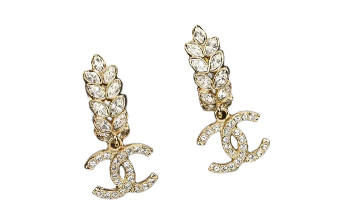 (Women) CHANEL 23SS  Gold Classic Double C Rhinestone Wheat Charm Earrings. ABA545-B10721-N527