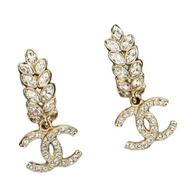 (Women) CHANEL 23SS Gold Classic Double C Rhinestone Wheat Charm Earrings. ABA545-B10721-N527