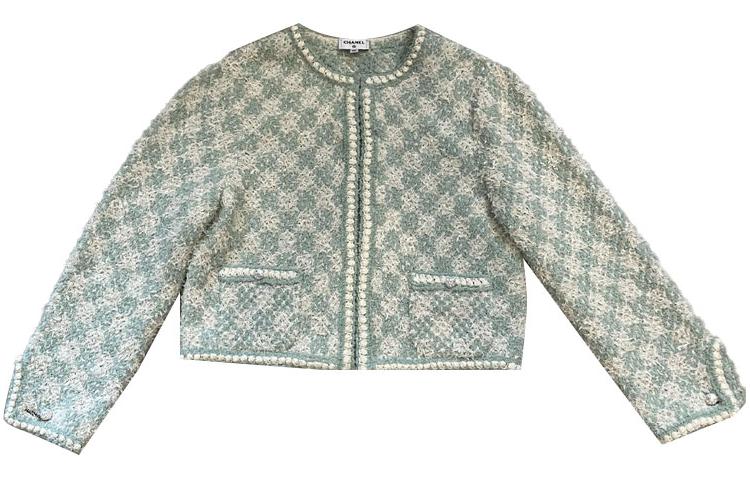 (Women) CHANEL 23SS  Green Colorblock Plaid Knit Cardigan Long Sleeve Sweater P75029-K10754-NN595