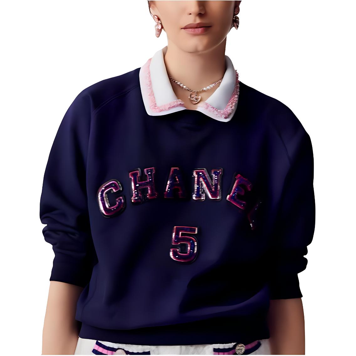 (Women) CHANEL 23SS  Letter Logo Collared Long-Sleeve Sweatshirt Navy Blue P74271-K10697-NM762