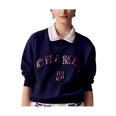 (Women) CHANEL 23SS Letter Logo Collared Long-Sleeve Sweatshirt Navy Blue P74271-K10697-NM762