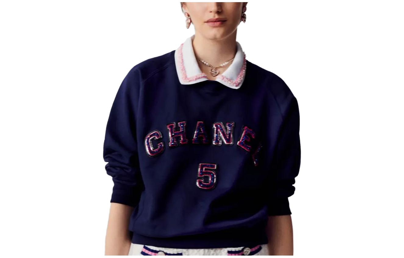 Order (W) CHANEL 23SS Logo Huruf Baju Lengan Panjang Berkolar Biru Navy P74271-K10697-NM762