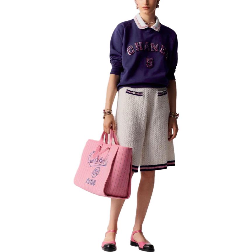 Shop (W) CHANEL 23SS Logo Huruf Baju Lengan Panjang Berkolar Biru Navy P74271-K10697-NM762