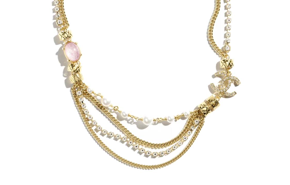 Order (W) Kalung Emas Multi-Rantai CHANEL 24P dengan Mutiara Imitasi, Kristal & Rhinestones. ABD009-B16126-NW435