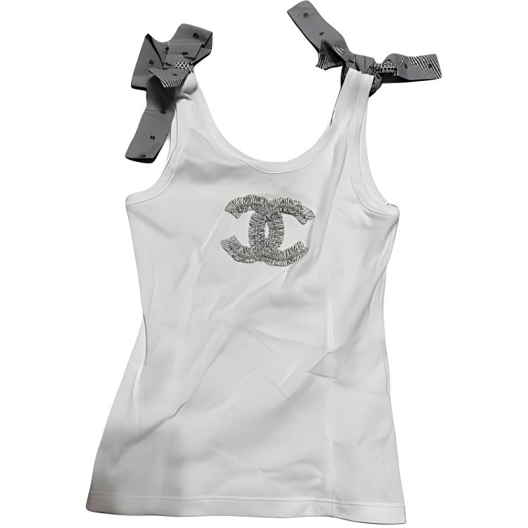 (Women) CHANEL 24P Spring Summer  White Bow Logo Sleeveless Top. P76767-V64779-00100