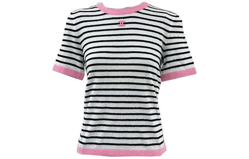 Order (W) CHANEL 24P Kemeja Pendek Berjalur Crewneck Hitam Musim Bunga Panas P77055-K11124-NX481