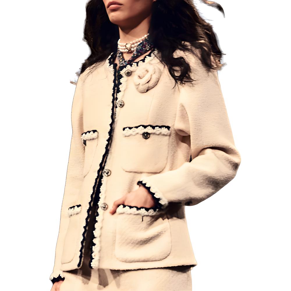 Shop (W) CHANEL 24SS Jaket Kancing Leher Bulat Kontras Warna Putih Tua P77700-V69436-NY803