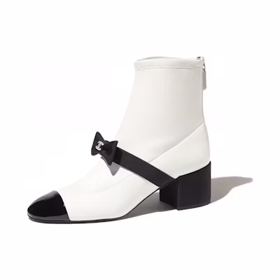(W) Chanel 55mm Bow Ankle Boots White Stretch Lambskin