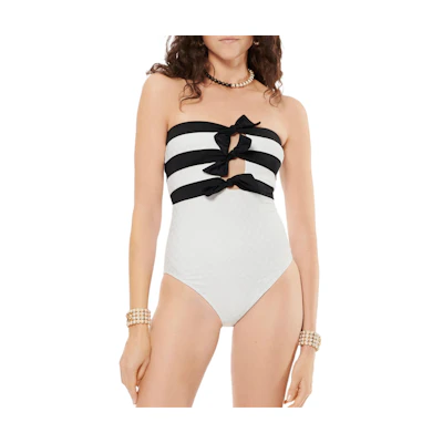 (Women) CHANEL Black & White Striped One-Piece Swimsuit with Laces. P76805-V68953-00100