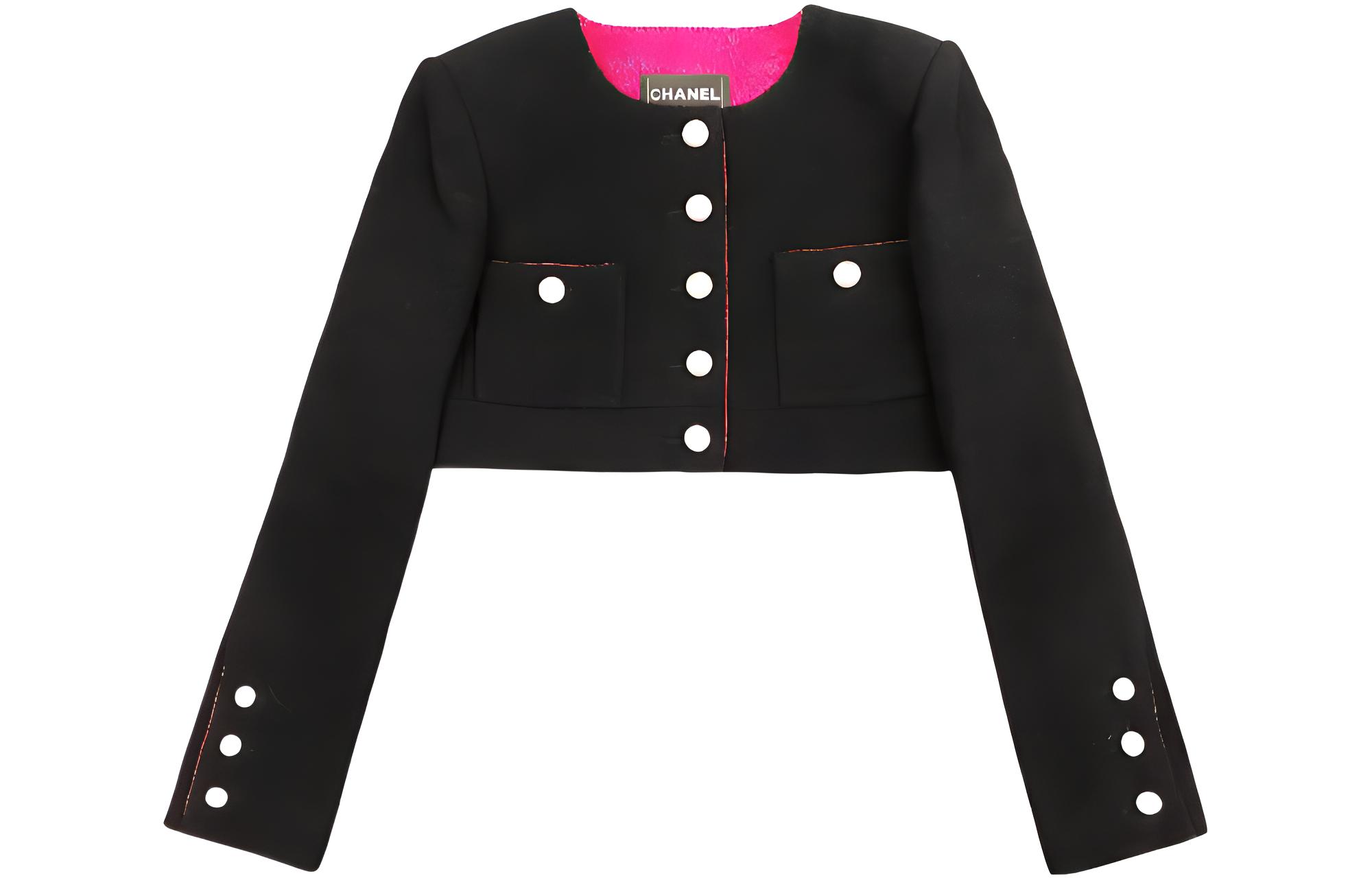 (Women) CHANEL  Black Contrast Trim Cropped Round-Neck Jacket. P71723-V63149-94305