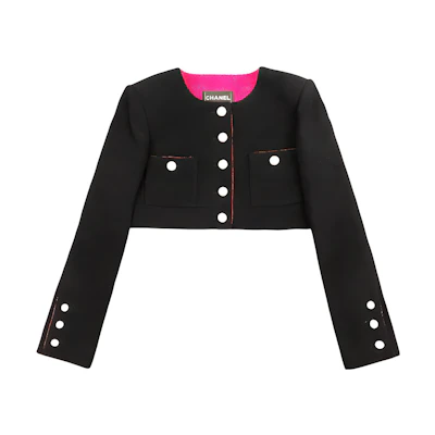 (Women) CHANEL Black Contrast Trim Cropped Round-Neck Jacket. P71723-V63149-94305