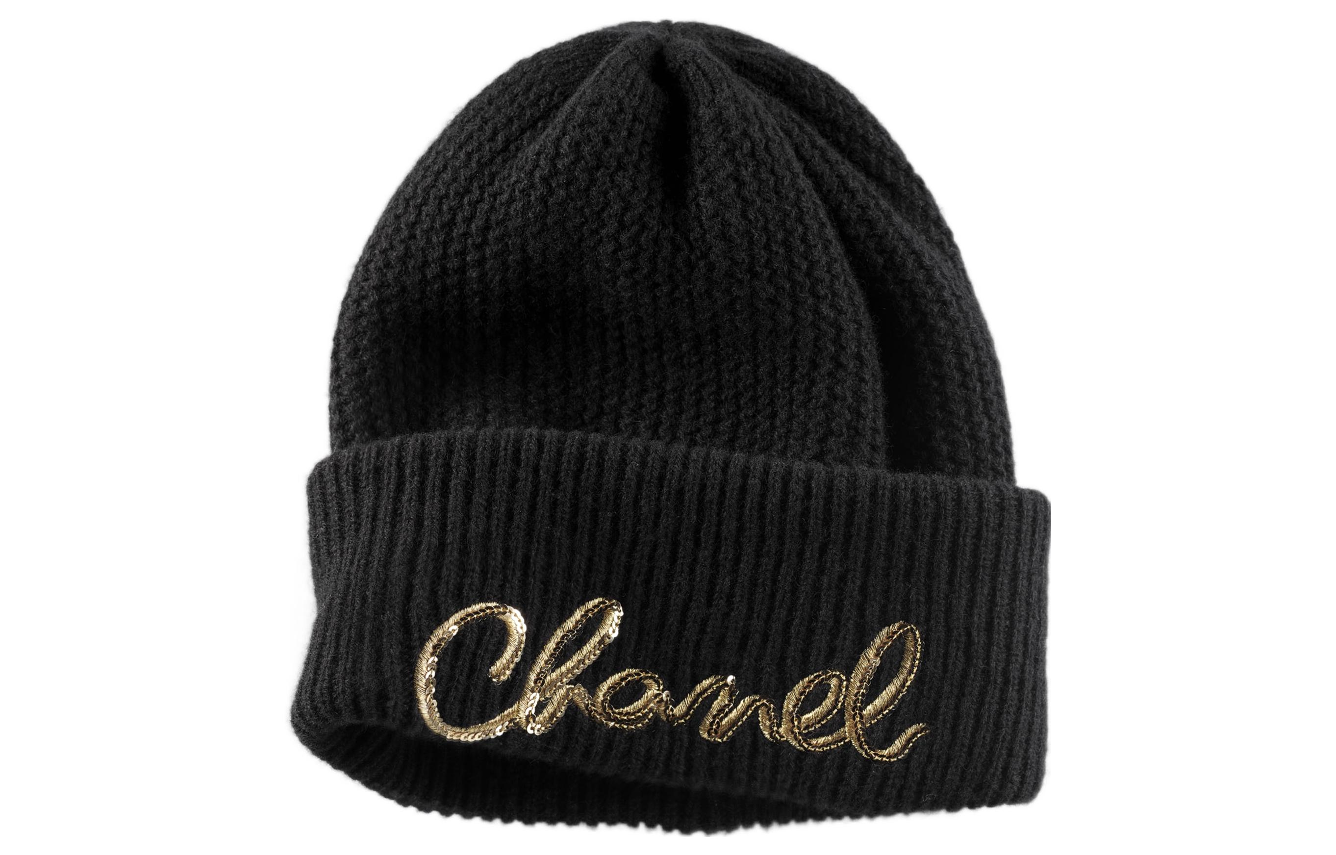 (Women) CHANEL  Black Knit Logo Embroidered Cashmere Beanie Hat. AA8313-B08454-94305
