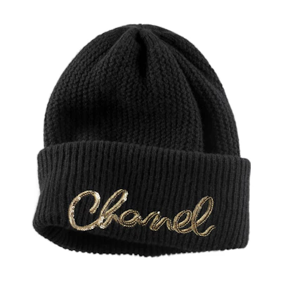 (Women) CHANEL Black Knit Logo Embroidered Cashmere Beanie Hat. AA8313-B08454-94305