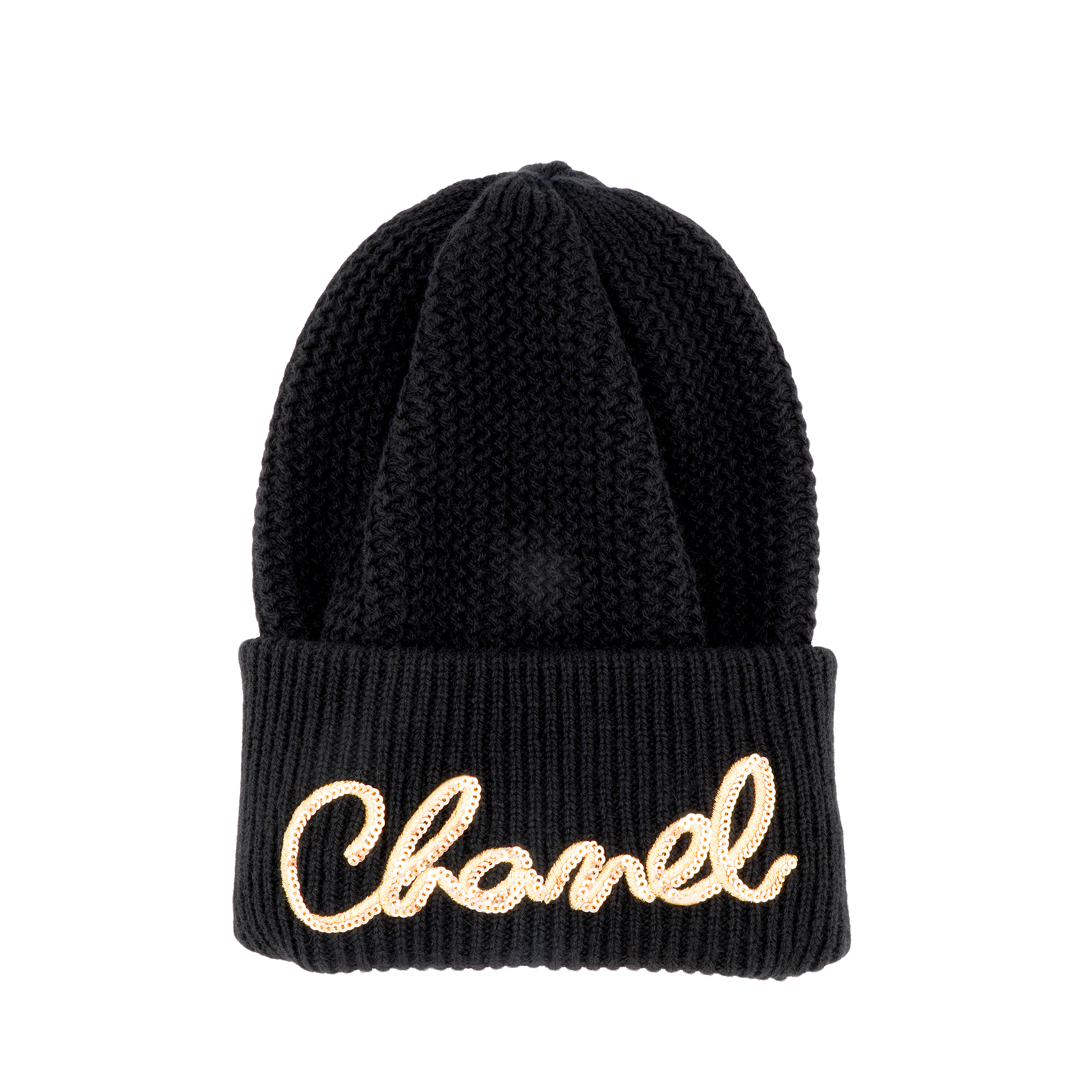 Lookbook (W) CHANEL Topi Beanie Cashmere Hitam Logo Rajut Bordir. AA8313-B08454-94305