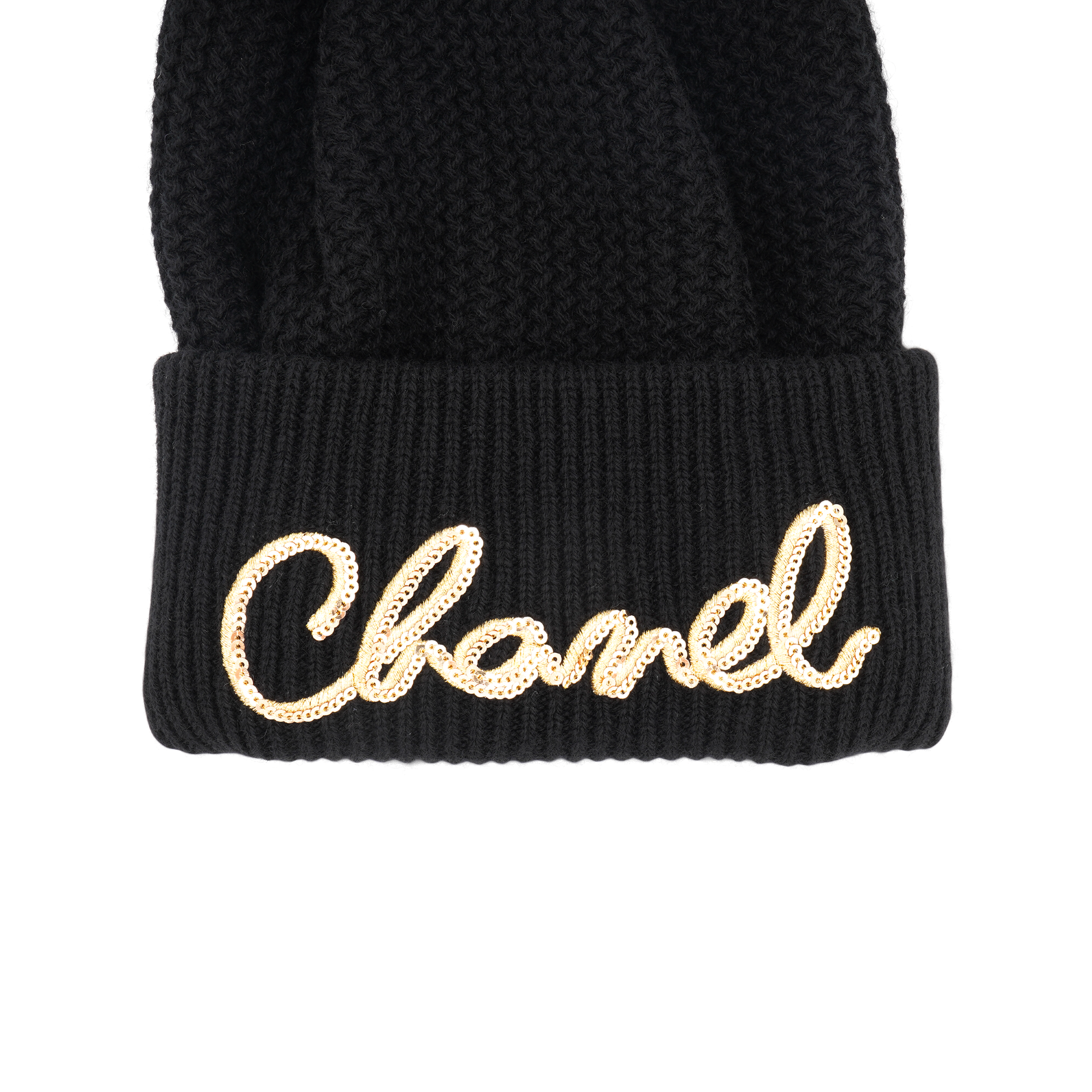 Details for (W) CHANEL Topi Beanie Cashmere Hitam Logo Rajut Bordir. AA8313-B08454-94305