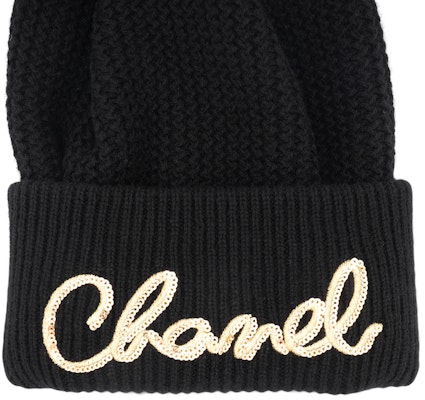 (Women) CHANEL Black Knit Logo Embroidered Cashmere Beanie Hat. AA8313-B08454-94305 Details for (Women) CHANEL Black Knit Logo Embroidered Cashmere Beanie Hat. AA8313-B08454-94305