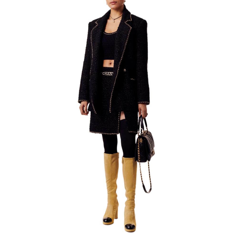 (Women) CHANEL  Black Knitted Double-Breasted Long Sleeve Jacket. P75511-V63178-94305