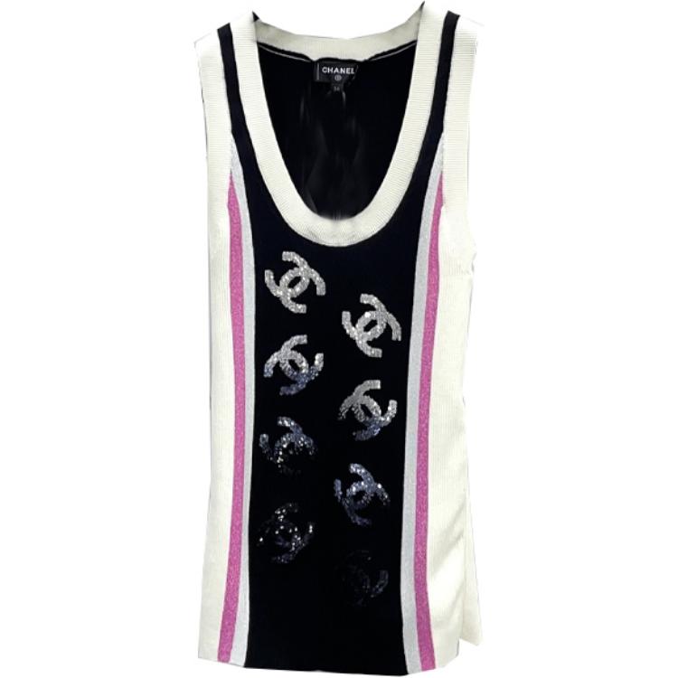 (Women) CHANEL  Black Sleeveless Short Knit Dress with Logo Pattern. P75627-K10886-NQ839