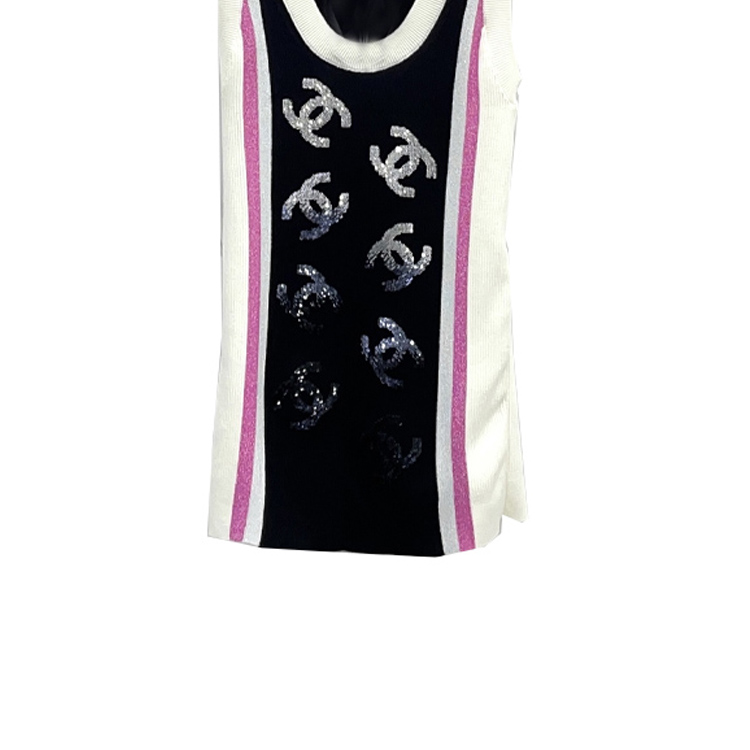 Shop (W) シャネル ブラックロゴ柄ノースリーブショートニットドレス P75627-K10886-NQ839