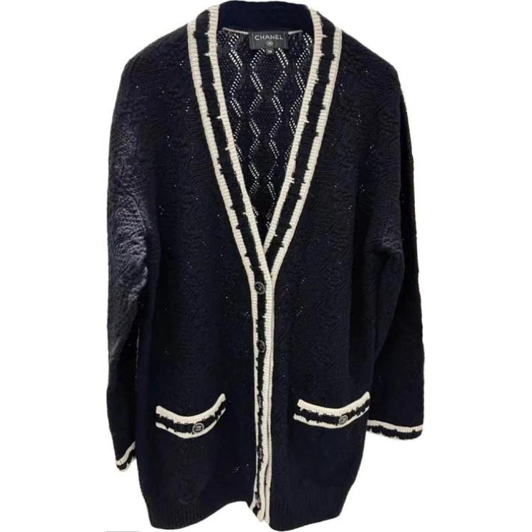 (Women) CHANEL  Black Striped V-Neck Long Sleeve Cashmere Cardigan. P72086-K10339-N9734