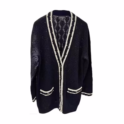 (Women) CHANEL Black Striped V-Neck Long Sleeve Cashmere Cardigan. P72086-K10339-N9734