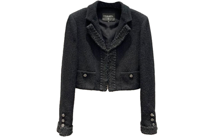 Order (W) CHANEL Jaket Hitam Tweed dengan Kerah Notched. P71896-V63586-94305