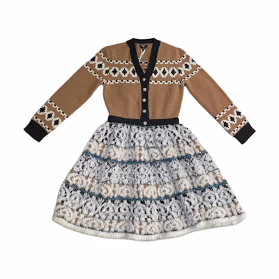 (Women) CHANEL Brown Knit V-Neck Long Sleeve Button-Down Dress. P62541-K48057-MH277