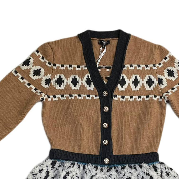 Shop (W) シャネル ブラウン ニット Vネック 長袖 ボタンダウン ドレス P62541-K48057-MH277